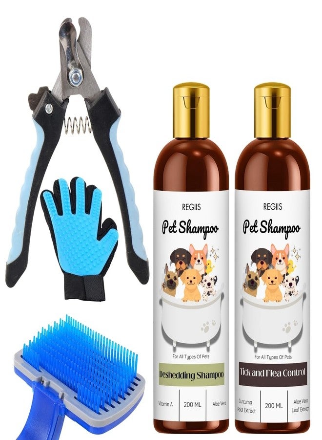 REGIIS Regis Pet Grooming Kit with Deshedding Shampoo and Tick Control Shampoo, 200ml Each, Blue Grooming Glove and Brush(Pack of 5) - Image 1